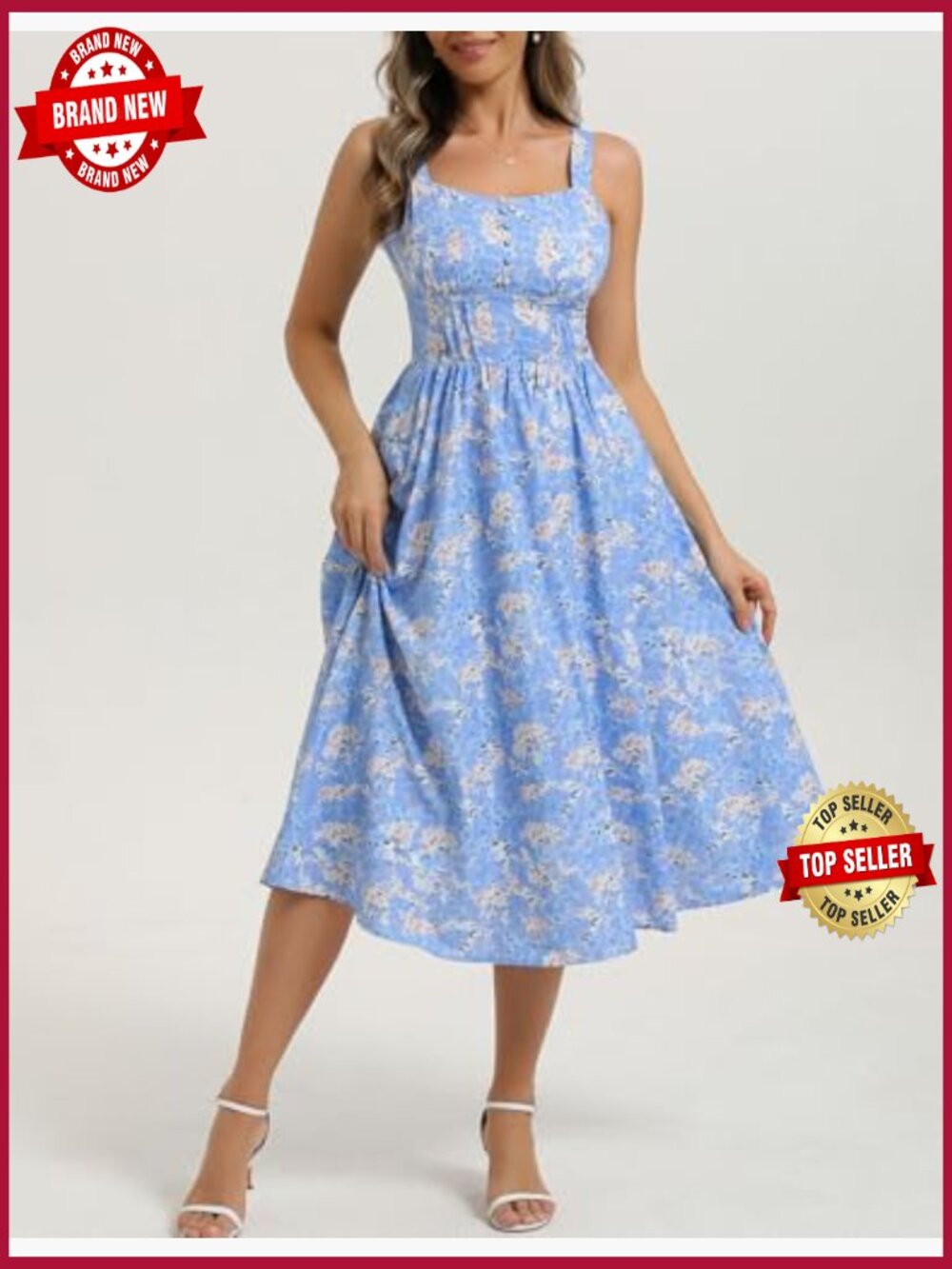 Sleeveless A-Line Midi Sundress with Pockets Flowy Beach Dress - Picture 5 of 7